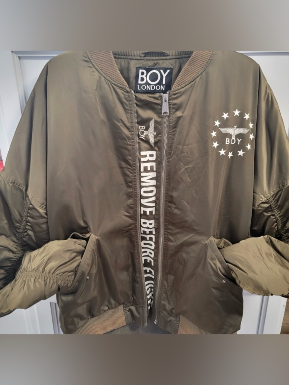 Boy London Jacket Bomber Flight Mens XL Full Zip Graphic Logo Dark Olive